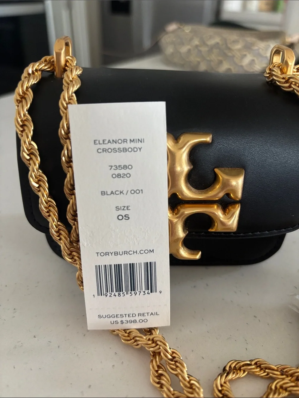 Tory Burch Black Eleanor Mini Crossbody with Gold Logo and Chain